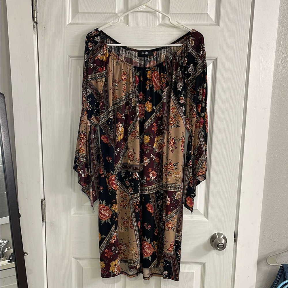 NAIF Brown and Tan Off the Shoulder Dress with Dolman Sleeves
